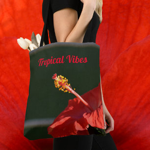 Tropical Red Hibiscus Flower Dramatic Black Tote Bag