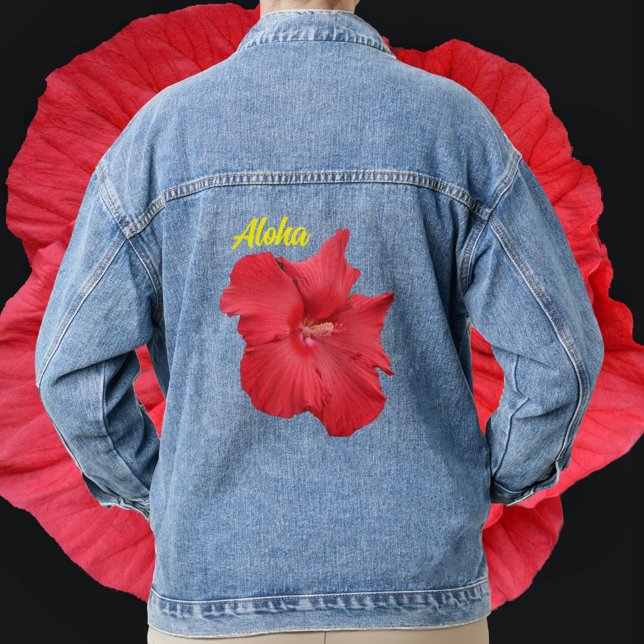 Tropical Red Hibiscus Flower Hawaiian Aloha Denim Jacket (Creator Uploaded)