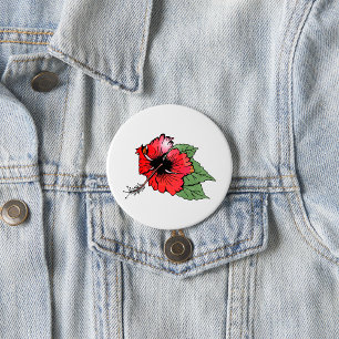Tropical Red Hibiscus Flower with Green Leaves 7.5 Cm Round Badge