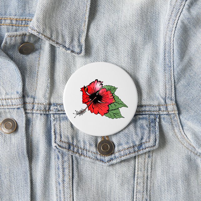 Tropical Red Hibiscus Flower with Green Leaves  7.5 Cm Round Badge (Creator Uploaded)
