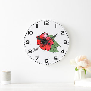 Tropical Red Hibiscus Flower with Green Leaves  Large Clock