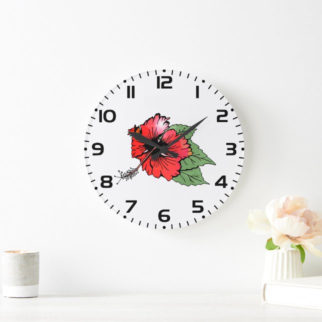 Tropical Red Hibiscus Flower with Green Leaves  Large Clock (Creator Uploaded)