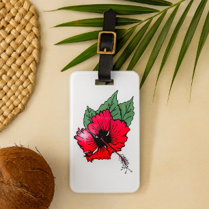 Tropical Red Hibiscus Flower with Green Leaves Luggage Tag