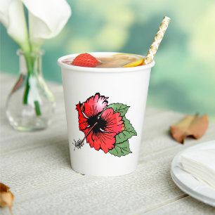 Tropical Red Hibiscus Flower with Green Leaves  Paper Cups