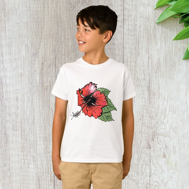 Tropical Red Hibiscus Flower with Green Leaves  T-Shirt (Creator Uploaded)