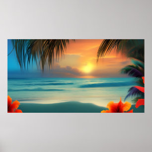 Tropical red hibiscus Flowers Beach ocean palms Poster