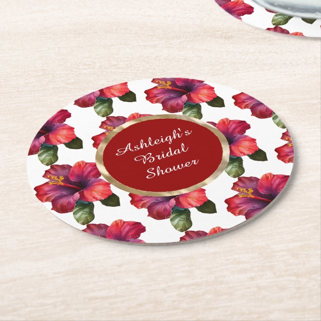 Tropical Red Hibiscus Flowers Bridal Shower Round Paper Coaster (Angled)