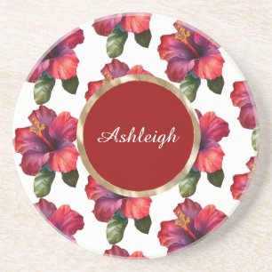 Tropical Red Hibiscus Flowers Coaster
