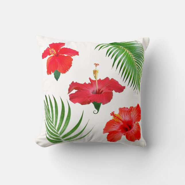 Tropical Red Hibiscus Flowers & Palm Leaves Cushion (Front)