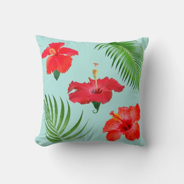 Tropical Red Hibiscus Flowers & Palm Leaves Throw  Cushion (Front)