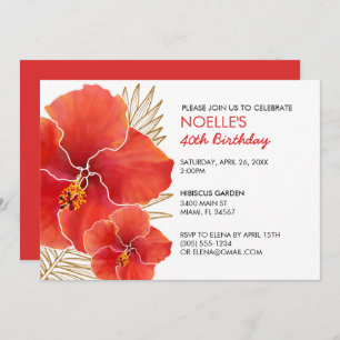 Tropical Red Hibiscus & Gold Leaf 40th Birthday Invitation