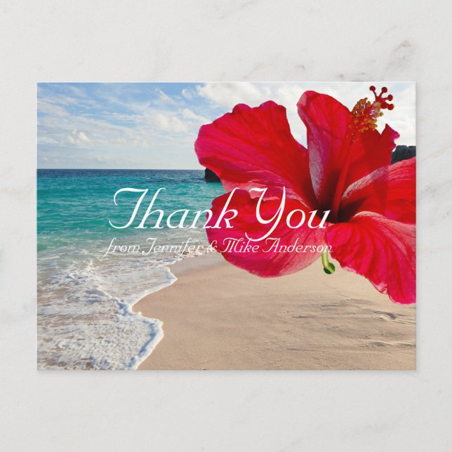 Tropical Red Hibiscus Pretty Beach Thank You Postcard (Front)