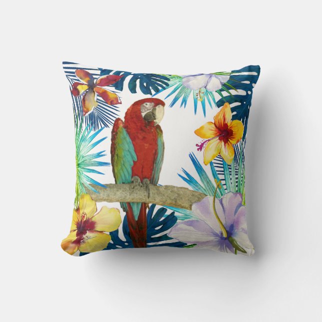 Tropical Red Macaw Parrow Yellow Teal Floral Beach Cushion (Front)