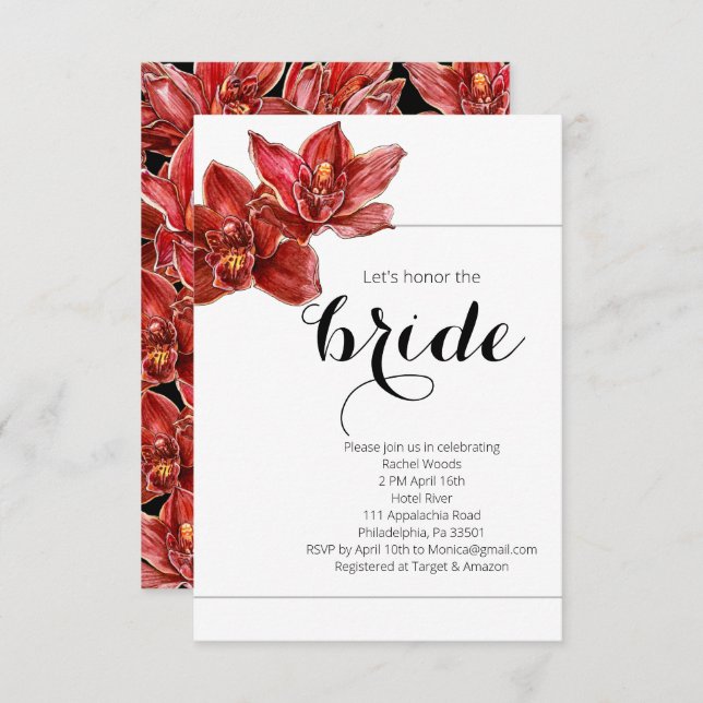 Tropical Red Orchid Bridal Shower Invitation (Front/Back)