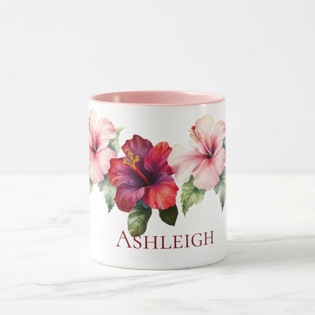 Tropical Red Pink Hibiscus Flowers Mug (Center)
