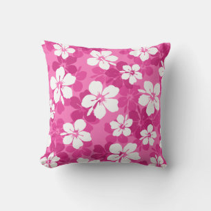 Tropical Red Violet White Hibiscus Flower Pattern Cushion