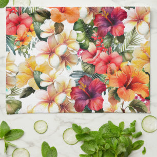 Tropical Red White Yellow Hibiscus Floral Tea Towel