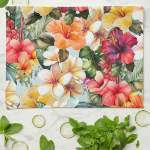 Tropical Red White Yellow Mint Hibiscus Floral Tea Towel