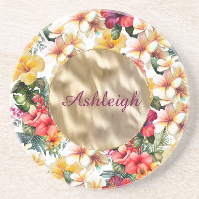 Tropical Red Yellow Hibiscus Flowers Bridal Shower Coaster (Front)