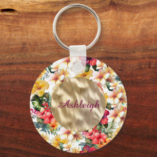 Tropical Red Yellow Hibiscus Flowers Bridal Shower Key Ring