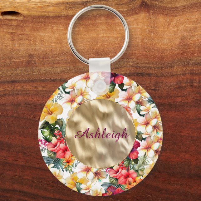 Tropical Red Yellow Hibiscus Flowers Bridal Shower Key Ring (Front)