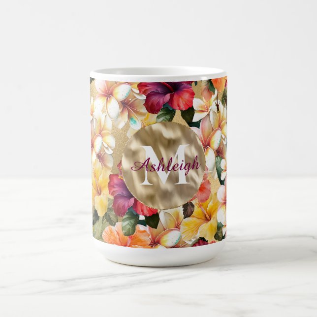 Tropical Red Yellow Hibiscus Flowers Monogram Coffee Mug (Center)