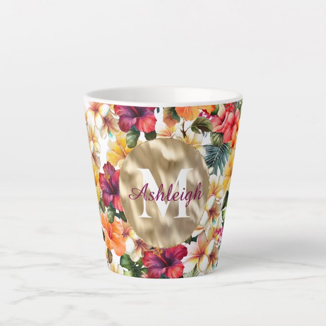 Tropical Red Yellow Hibiscus Flowers Monogram Latte Mug (Front)