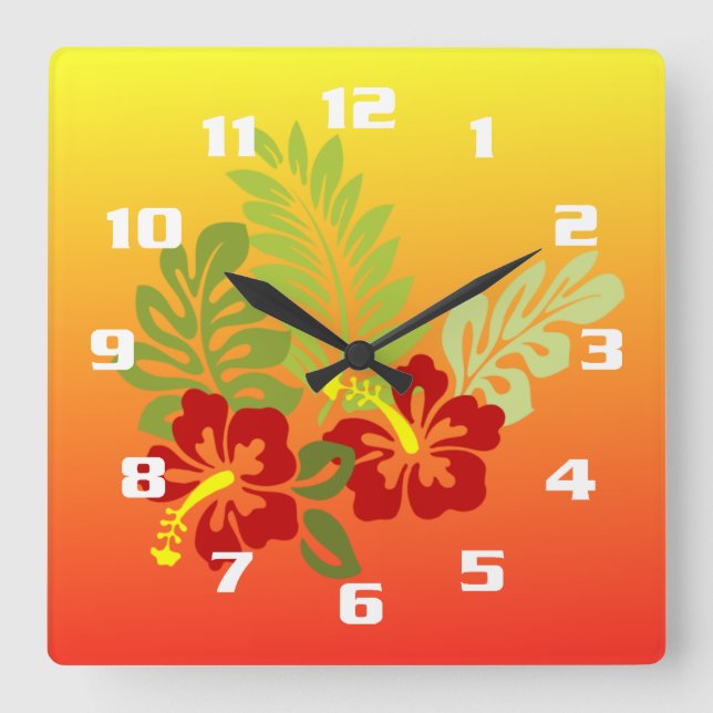 Tropical Retreat inspired Design Hibiscus & Sunset Square Wall Clock (Front)
