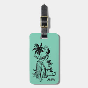 Tropical Retro Hawaiian Hula Girl Palm Pick Colour Luggage Tag