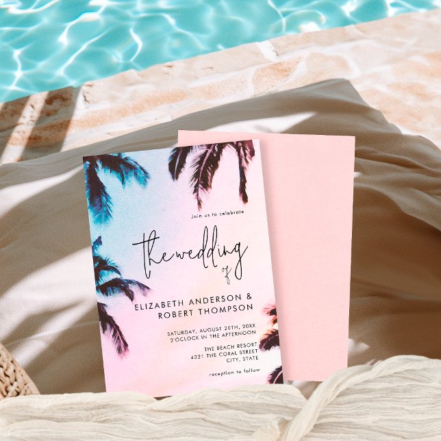 Tropical Retro Pink Palm Tree Summer Wedding Invitation (Creator Uploaded)