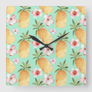 Tropical retro print on mint background square wall clock