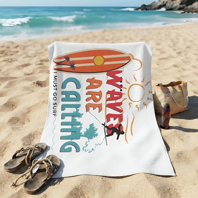 Tropical Retro Surf : Waves are Calling Beach Towel (Creator Uploaded)
