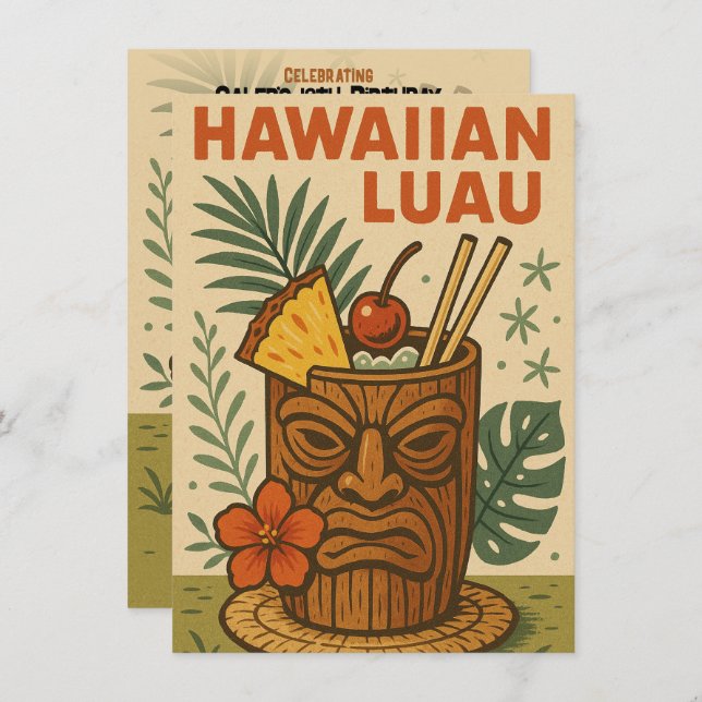 Tropical Retro Tiki Drink Hawaiian Luau Birthday  Invitation (Front/Back)