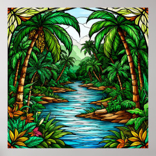 Tropical River and Palm Trees in a Vibrant Jungle Poster