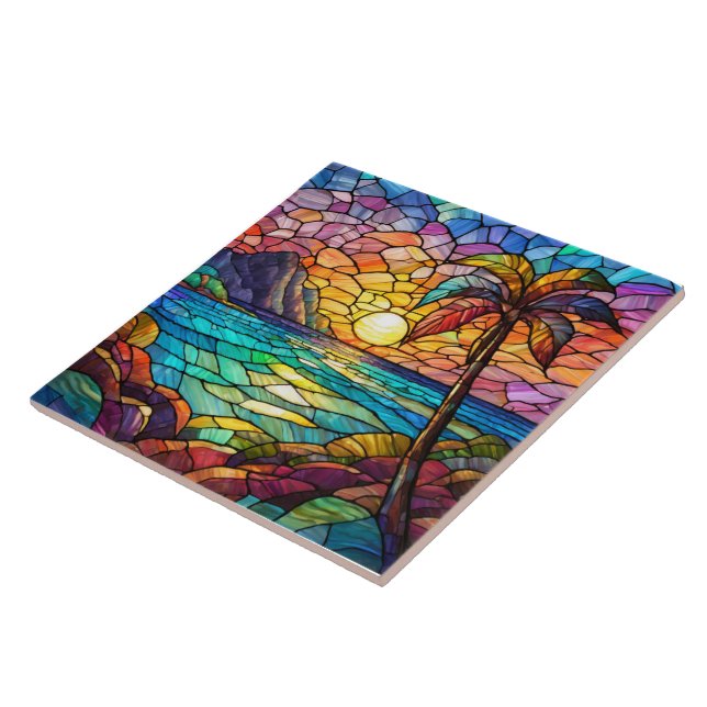 tropical rocky beach stained glass art ceramic tile (Side)