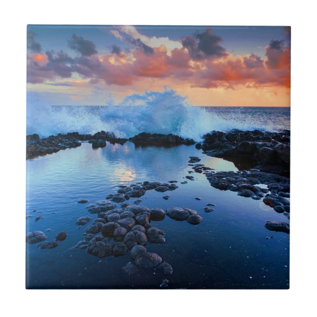 Tropical Rocky Beach Sunset Sea Wave Ceramic Tile (Front)