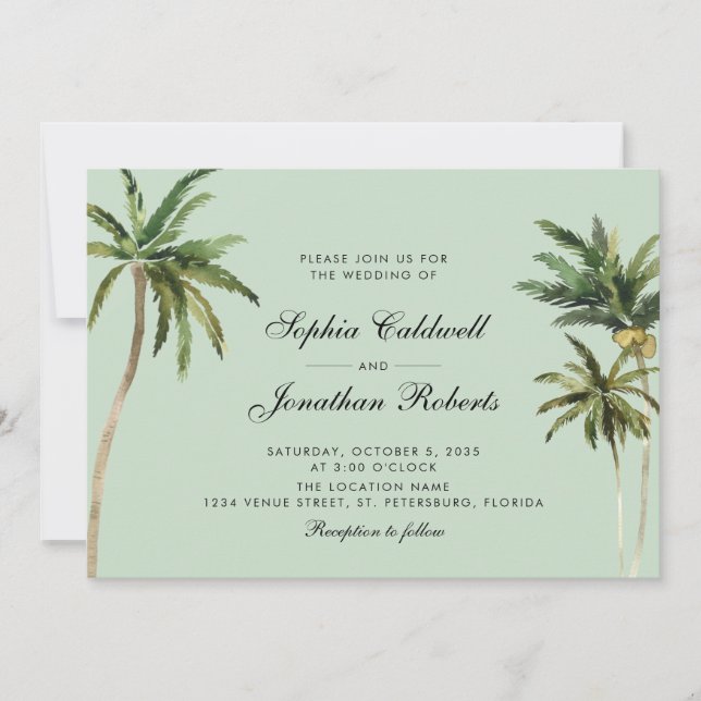Tropical Romance Palm Trees Pastel Green Wedding Invitation (Front)