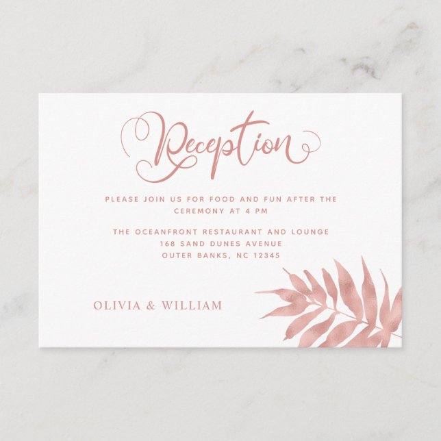 Tropical Rose Gold Palm Leaf Wedding Reception Enclosure Card (Front)