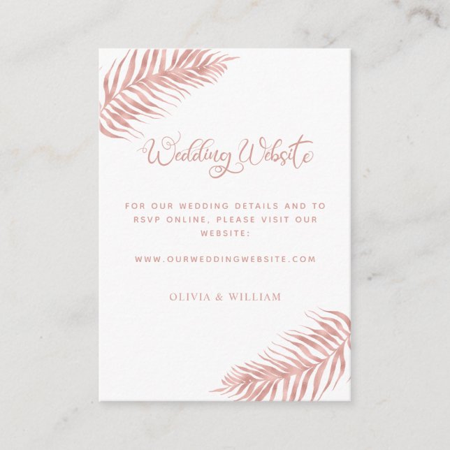 Tropical Rose Gold Palm Leaf White Wedding Website Enclosure Card (Front)