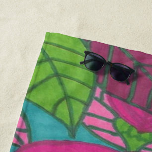 Tropical Roses and Leaves Beach Towel