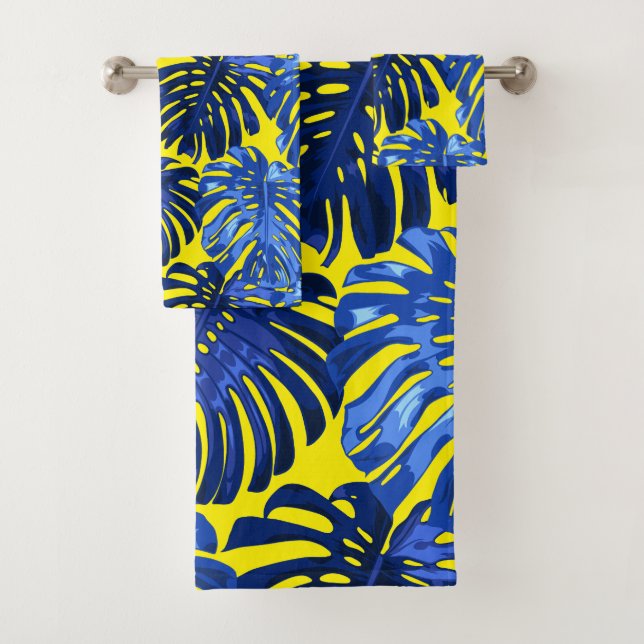 Tropical Royal Blue Yellow Monstera Jungle Leaves Bath Towel Set (Insitu)