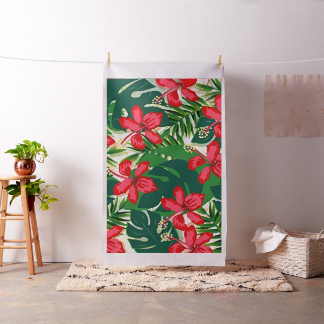Tropical Ruby Red Hibiscus Flowers Fabric (In Situ)