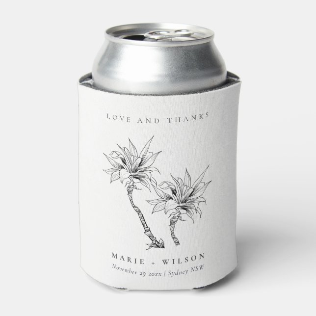Tropical Rustic Palms Black White Sketch Wedding Can Cooler (Can Front)