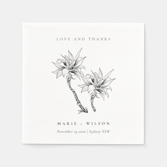 Tropical Rustic Palms Black White Sketch Wedding Napkin (Front)