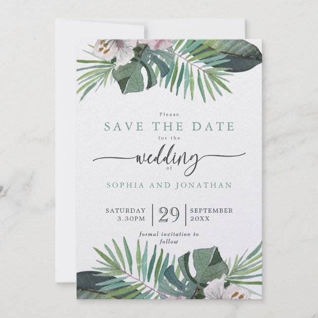Tropical Rustic Summer Save the Date Holiday Card (Front)