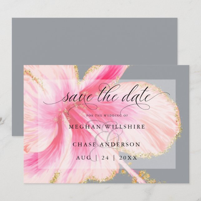 Tropical Rustic Watercolor Pink Flower Save The Date (Front/Back)