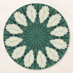 Tropical Sacramento Green and Silver Leaf Mandala. Round Paper Coaster