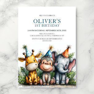 Tropical Safari Animals 1st Birthday Party Invitation