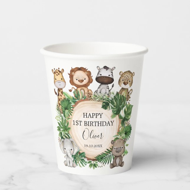 Tropical Safari Animals Jungle Greenery Birthday Paper Cups (Front)
