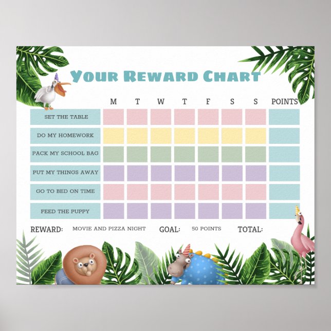 Tropical Safari Animals Reward Chore Chart (Front)